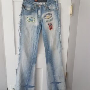 Vintage Y2K Boho Parasuco Ergonomic Patchwork Open Flair Denim Jean Pant Sz 26